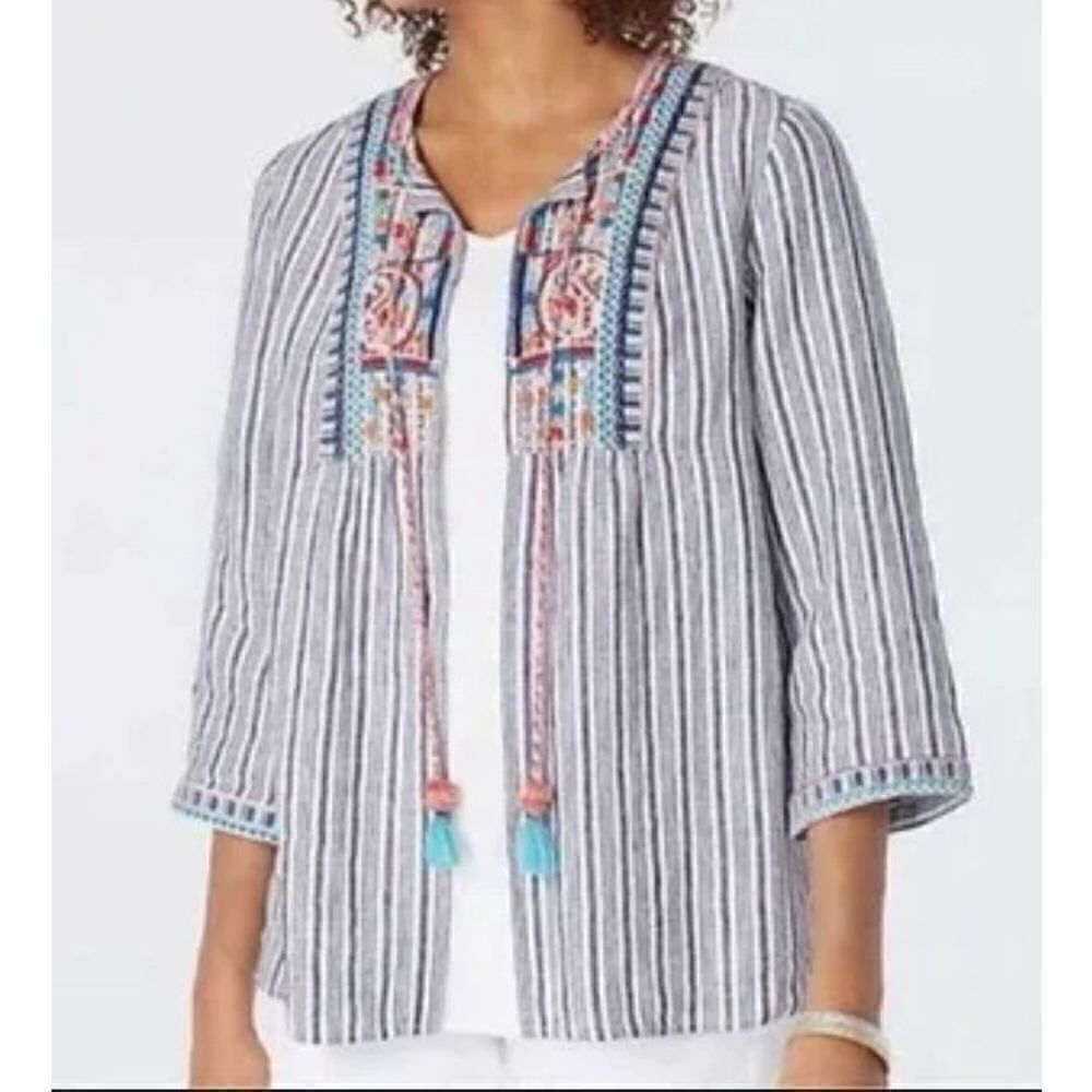 Women's J. Jill Linen Embroidered Boho Cardigan